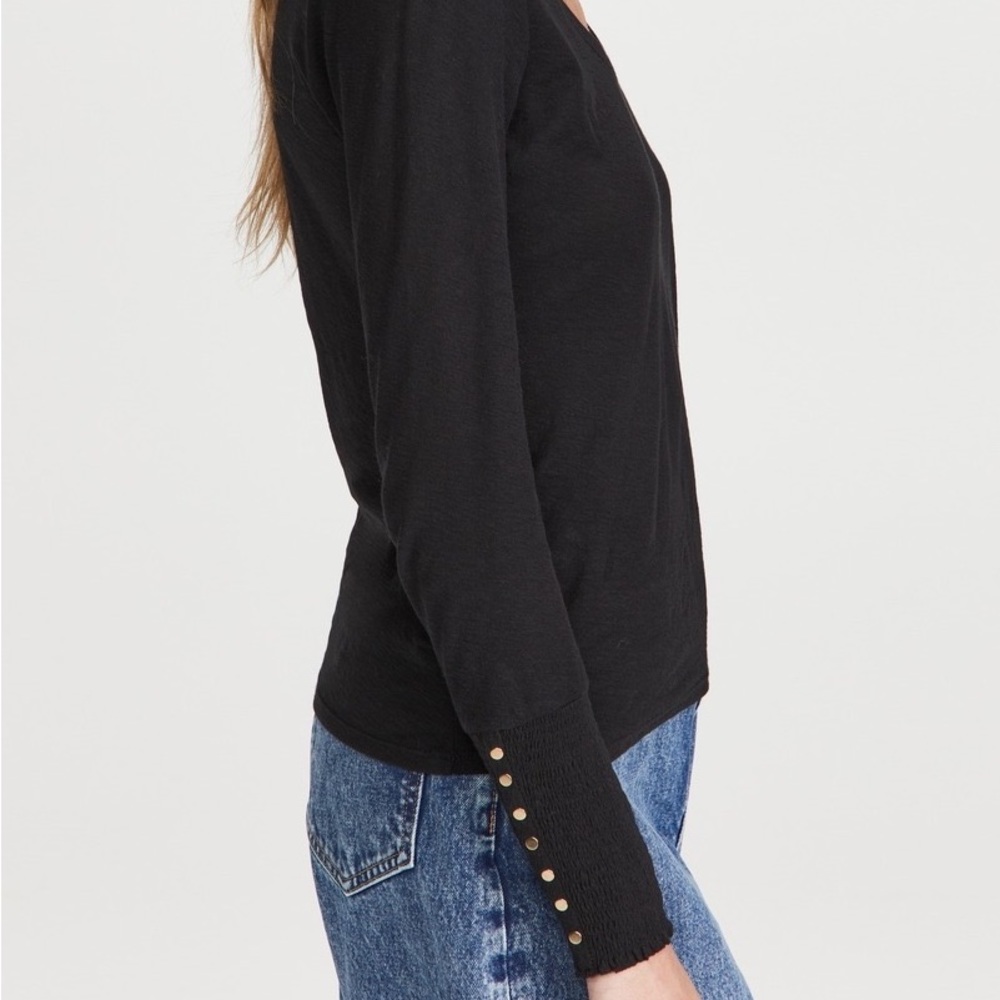 Nation Ltd. “Paige Tee” L/S V-neck black Tee with gold buttons on arms (XS)